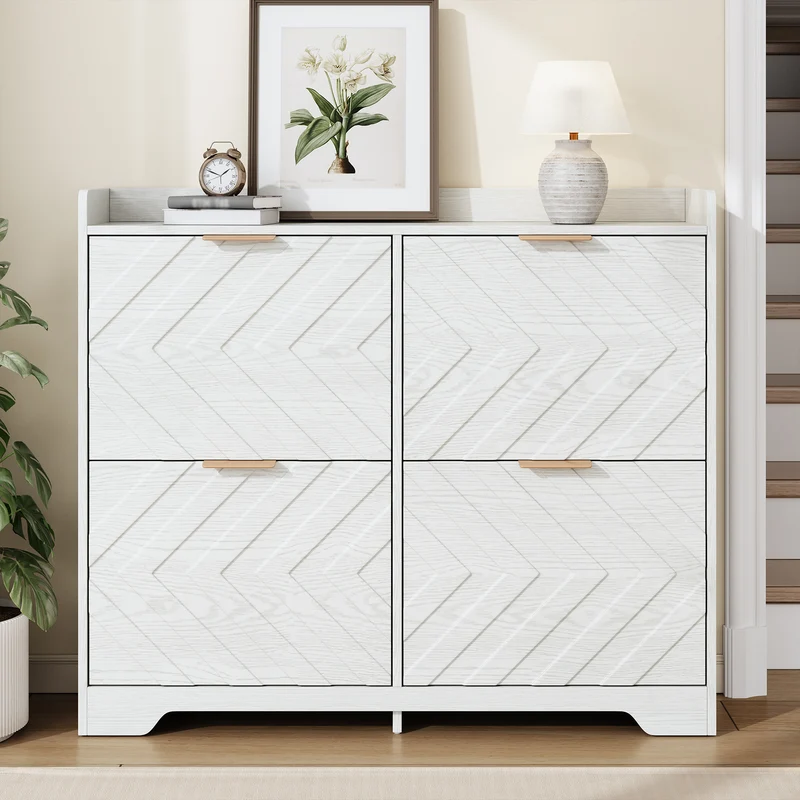 Meuble à chaussures blanc 4 portes abattants, design 3D 105x24x90cm FLAREUMM