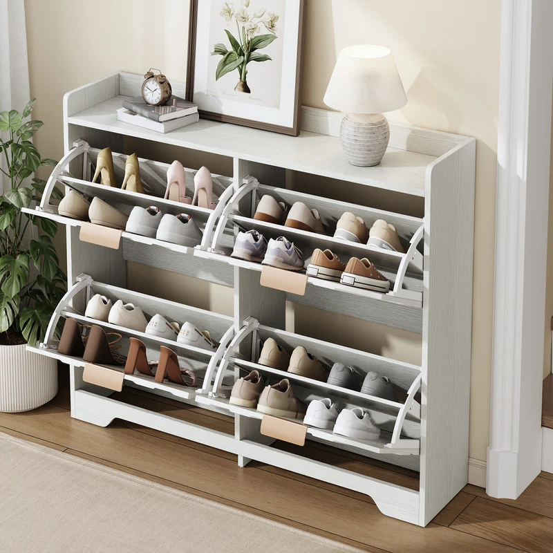 Meuble à chaussures blanc 4 portes abattants, design 3D 105x24x90cm FLAREUMM