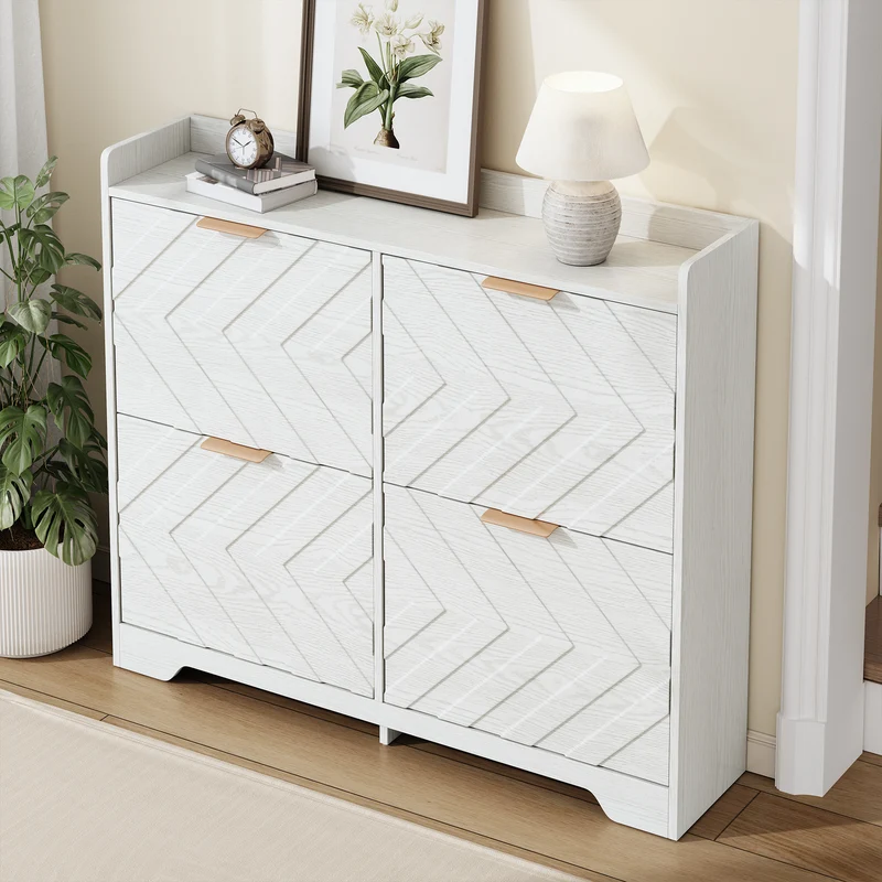 Meuble à chaussures blanc 4 portes abattants, design 3D 105x24x90cm FLAREUMM