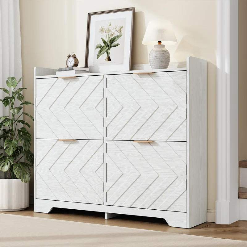 Meuble à chaussures blanc 4 portes abattants, design 3D 105x24x90cm FLAREUMM