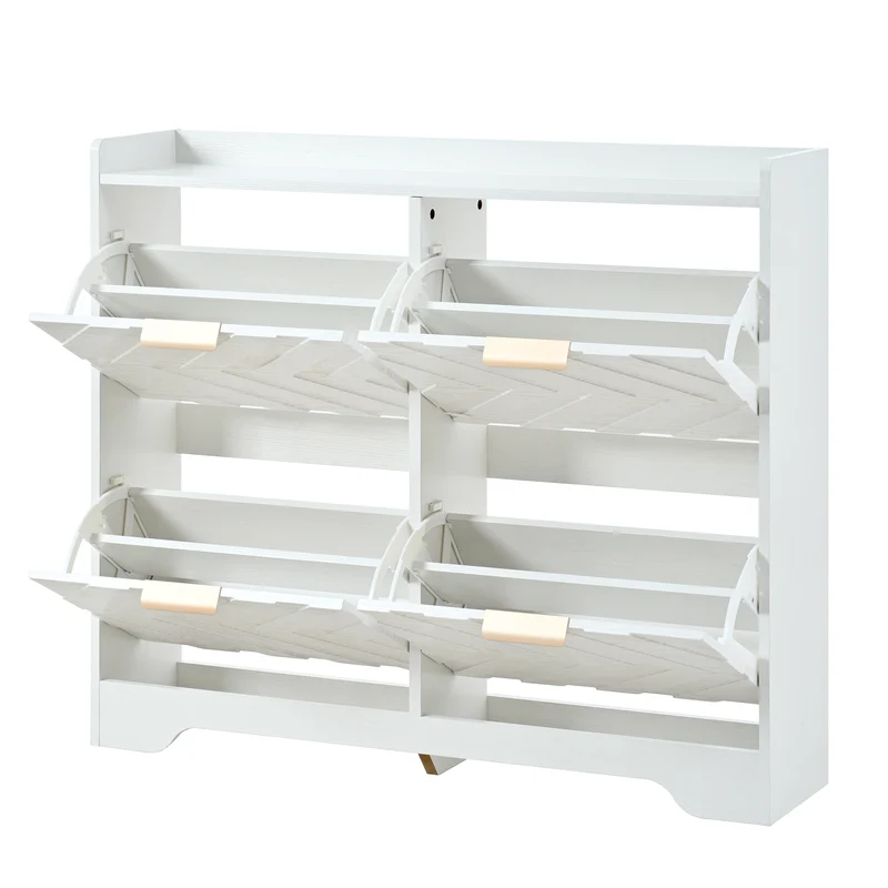 Meuble à chaussures blanc 4 portes abattants, design 3D 105x24x90cm FLAREUMM
