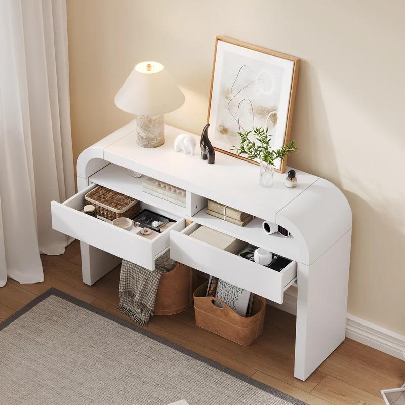 Console d'entrée blanc avec 2 tiroirs design courbé 120x35,5cm INFINITEMERID