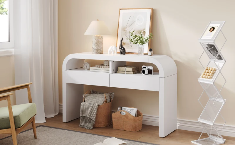 Console d'entrée blanc avec 2 tiroirs design courbé 120x35,5cm INFINITEMERID