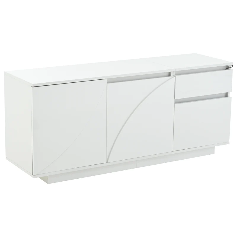 Buffet moderne blanc brillant motif géométrique 3 portes et éclairage LED GRASSPHYT