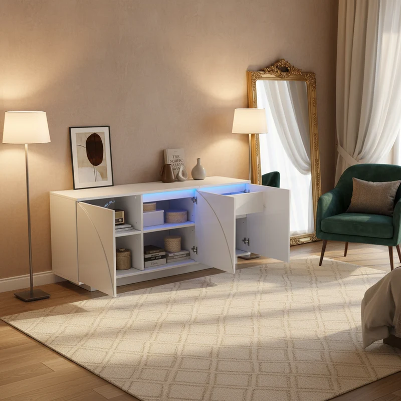Buffet moderne blanc brillant motif géométrique 3 portes et éclairage LED GRASSPHYT