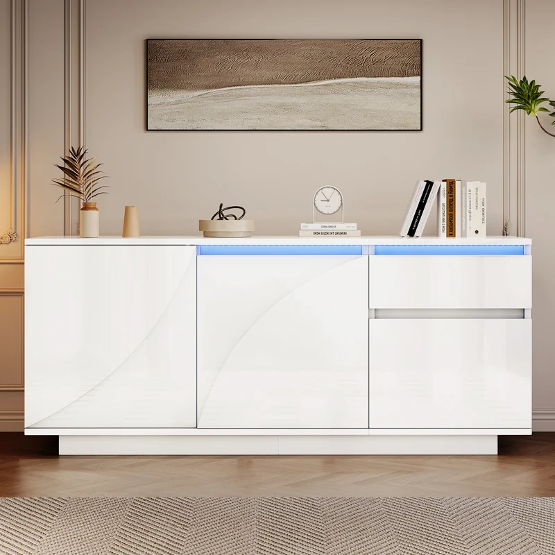 Buffet moderne blanc brillant motif géométrique 3 portes et éclairage LED GRASSPHYT