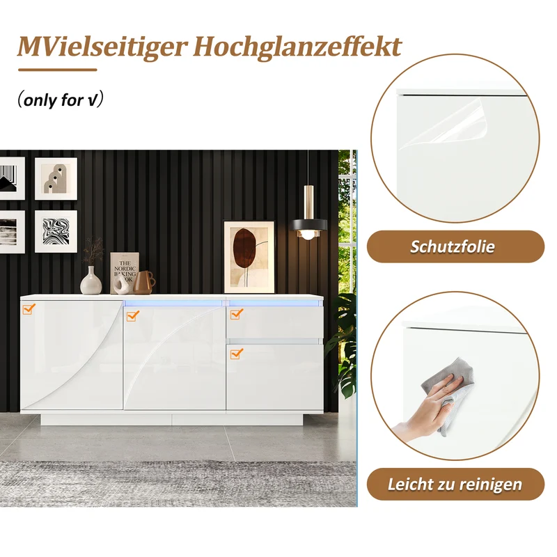 Buffet moderne blanc brillant motif géométrique 3 portes et éclairage LED GRASSPHYT