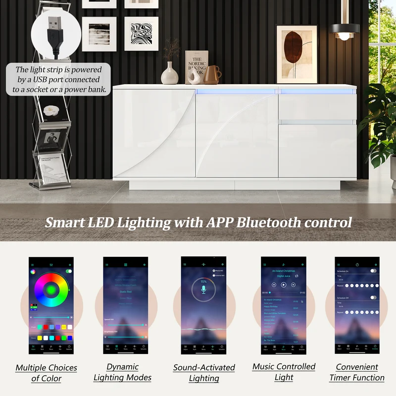 Buffet moderne blanc brillant motif géométrique 3 portes et éclairage LED GRASSPHYT