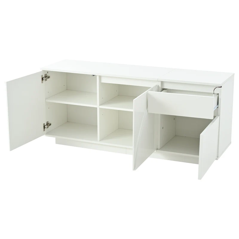 Buffet moderne blanc brillant motif géométrique 3 portes et éclairage LED GRASSPHYT