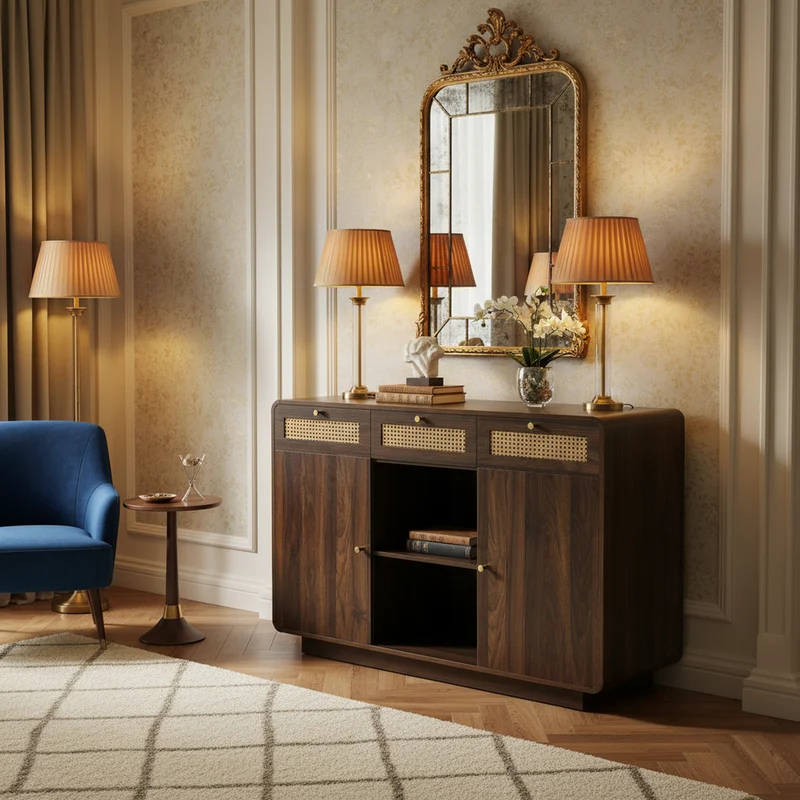 Buffet rétro effet noyer 3 tiroirs en rotin tressé, 2 portes et compartiment ouvert COFACTOR