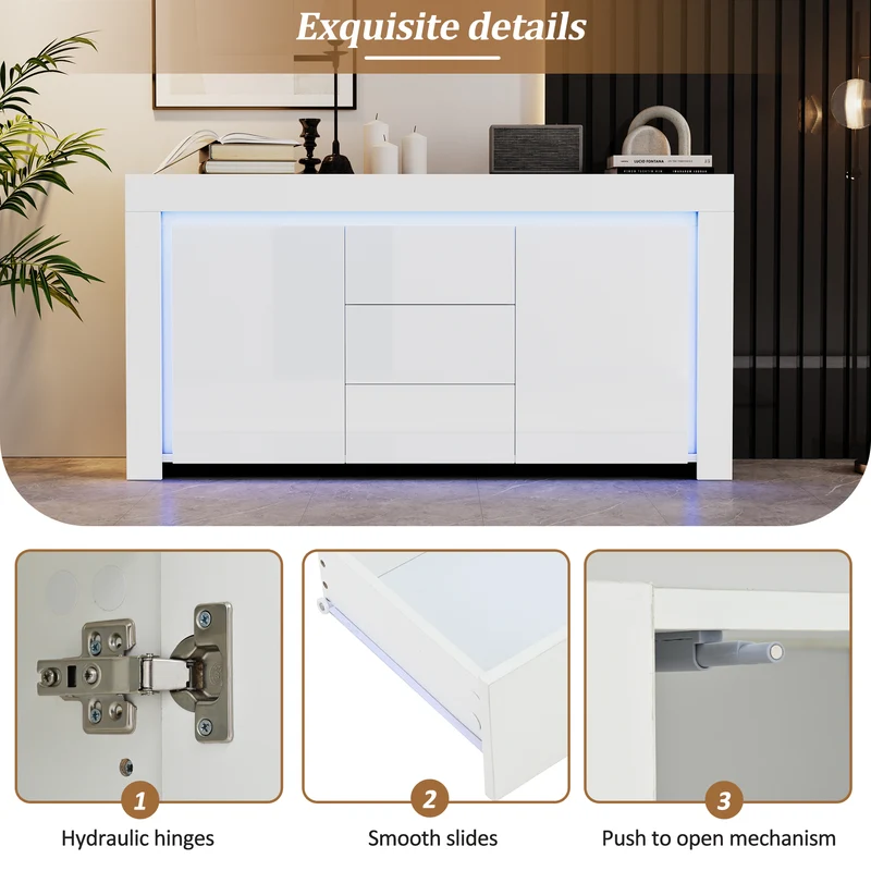 Buffet blanc laqué brillant avec éclairage LED 2 portes 3 tiroirs EUGLENOID