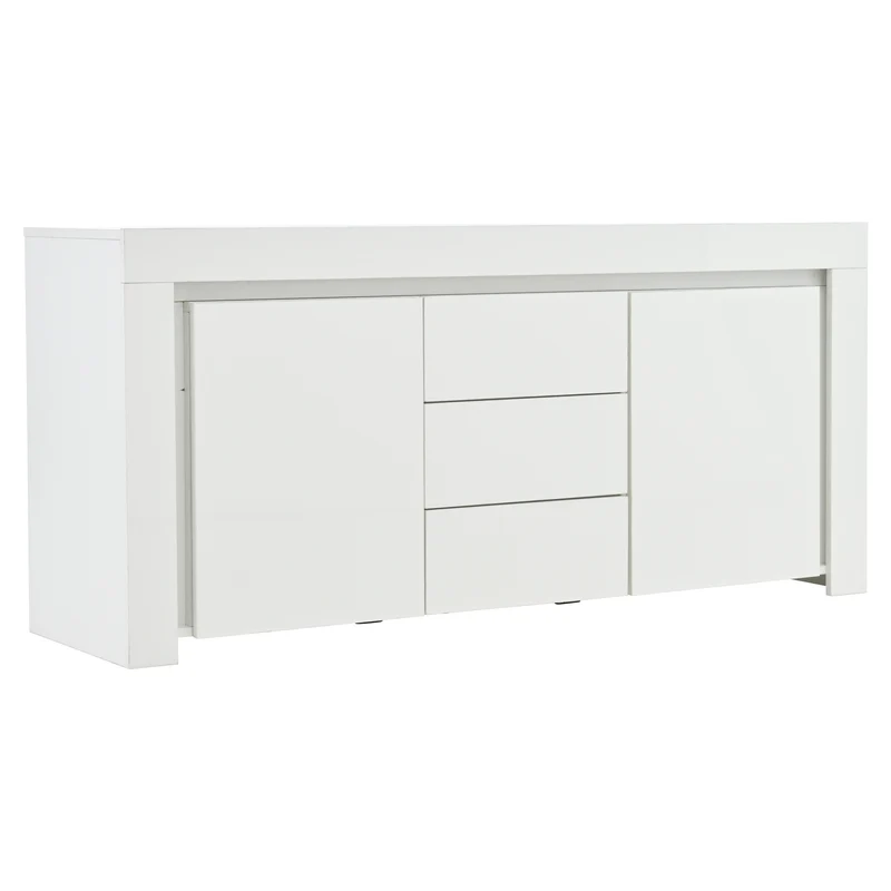 Buffet blanc laqué brillant avec éclairage LED 2 portes 3 tiroirs EUGLENOID