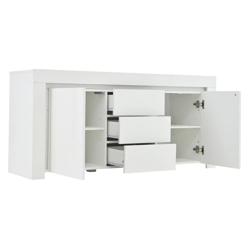 Buffet blanc laqué brillant avec éclairage LED 2 portes 3 tiroirs EUGLENOID