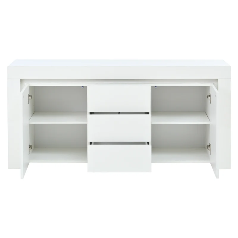 Buffet blanc laqué brillant avec éclairage LED 2 portes 3 tiroirs EUGLENOID