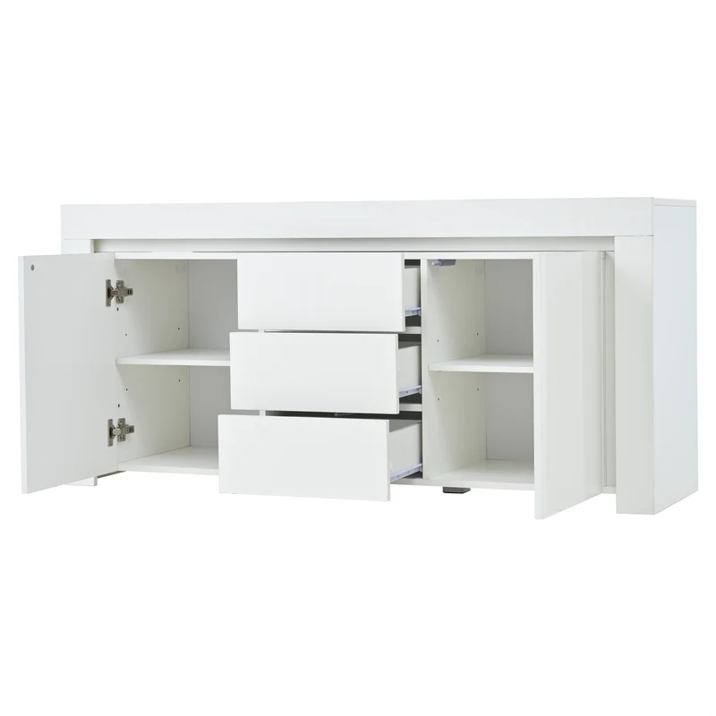 Buffet blanc laqué brillant avec éclairage LED 2 portes 3 tiroirs EUGLENOID
