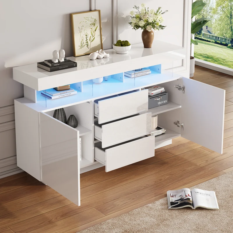 Buffet blanc brillant avec éclairage LED 2 portes 3 tiroirs REZER