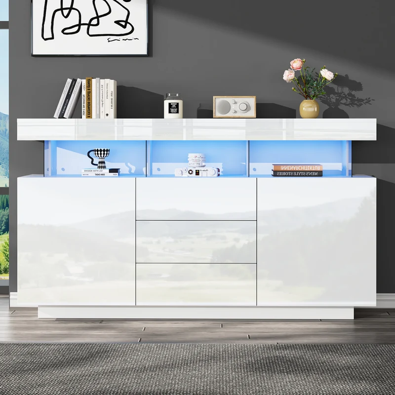 Buffet blanc brillant avec éclairage LED 2 portes 3 tiroirs REZER