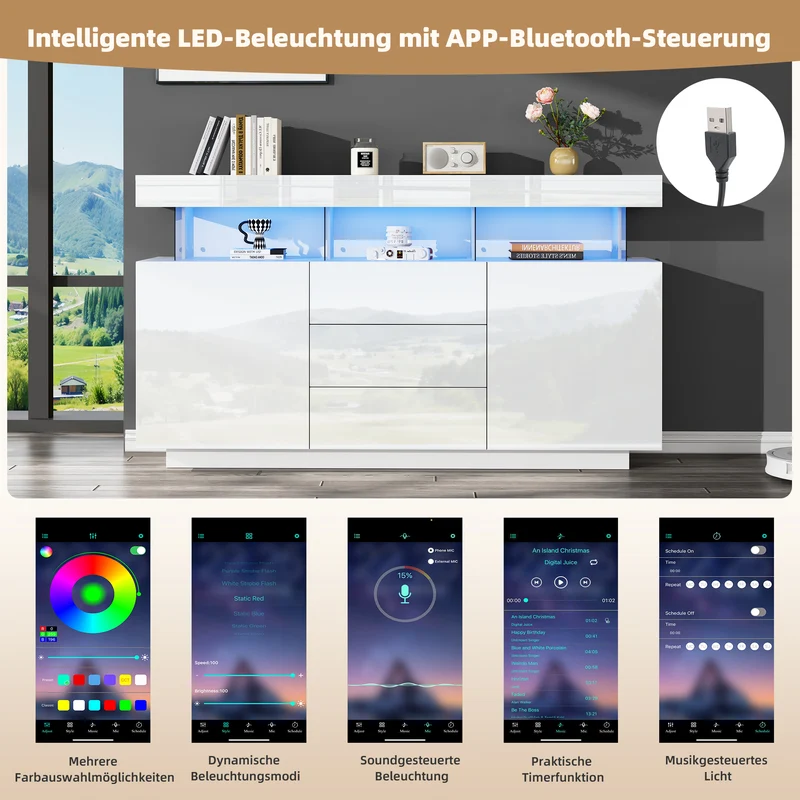 Buffet blanc brillant avec éclairage LED 2 portes 3 tiroirs REZER