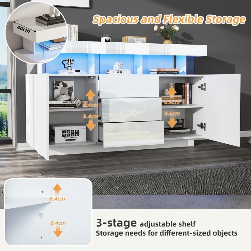 Buffet blanc brillant avec éclairage LED 2 portes 3 tiroirs REZER