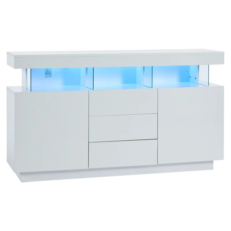 Buffet blanc brillant avec éclairage LED 2 portes 3 tiroirs REZER