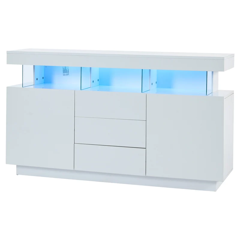 Buffet blanc brillant avec éclairage LED 2 portes 3 tiroirs REZER