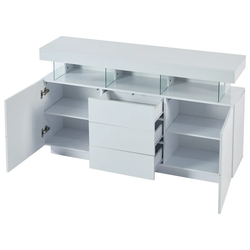 Buffet blanc brillant avec éclairage LED 2 portes 3 tiroirs REZER
