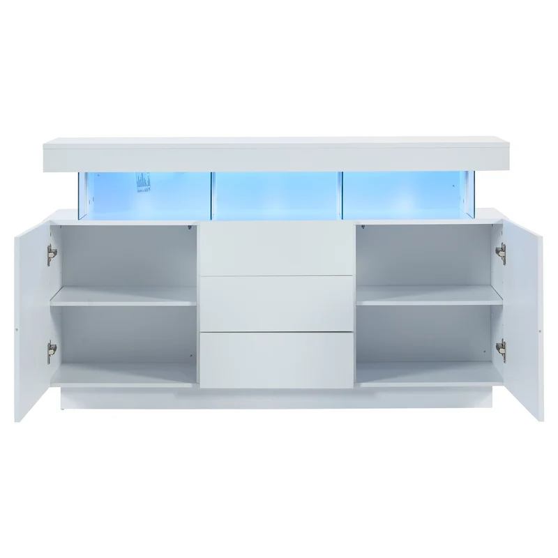Buffet blanc brillant avec éclairage LED 2 portes 3 tiroirs REZER