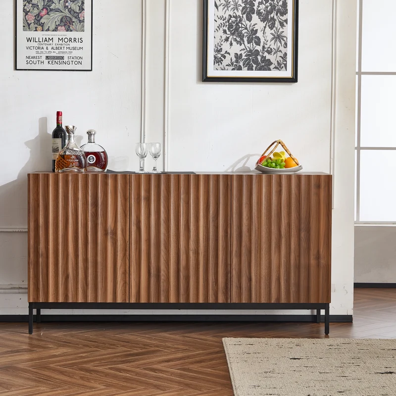 Buffet effet chêne vintage grainé foncé 3D ondulé 150x40x80cm GHOTS