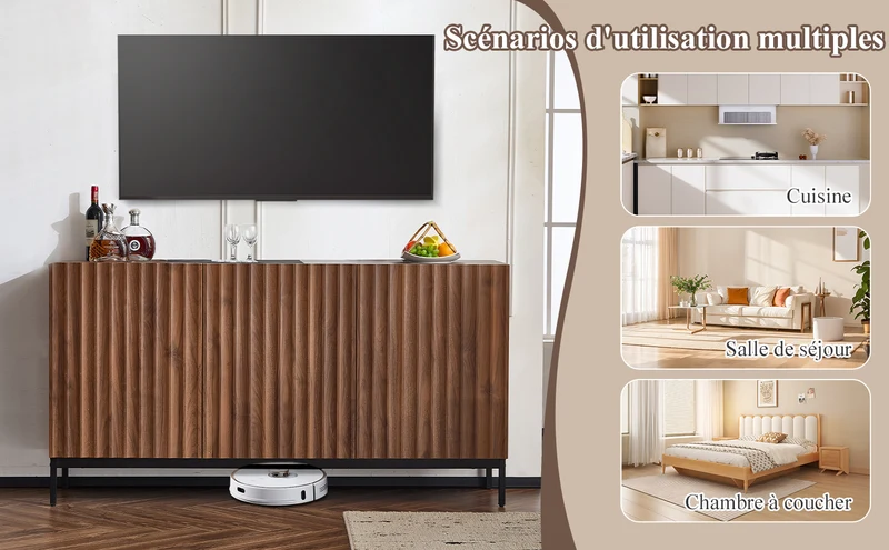 Buffet effet chêne vintage grainé foncé 3D ondulé 150x40x80cm GHOTS