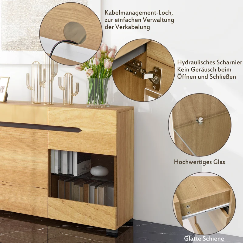 Buffet moderne LED rangement 3 portes 3 tiroirs 140*35*80 KRANQRUK
