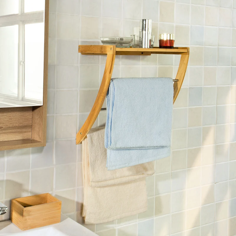SoBuy FRG47-N Porte-serviettes mural en bambou et Inox avec 1 tablette et 3 barres