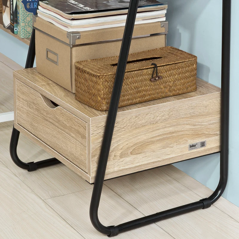 SoBuy FRG219-N Bibliothèque Étagère Style échelle de 3 Niveaux et 1 tiroir Structure