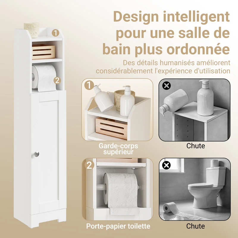 SoBuy FRG177-II-W Meuble Salle de Bain 20 cm de Largeur sur Pied avec Support Papier et Porte - Petit Meuble WC Rangement Gain de Place Blanc