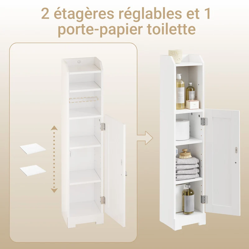SoBuy FRG177-II-W Meuble Salle de Bain 20 cm de Largeur sur Pied avec Support Papier et Porte - Petit Meuble WC Rangement Gain de Place Blanc