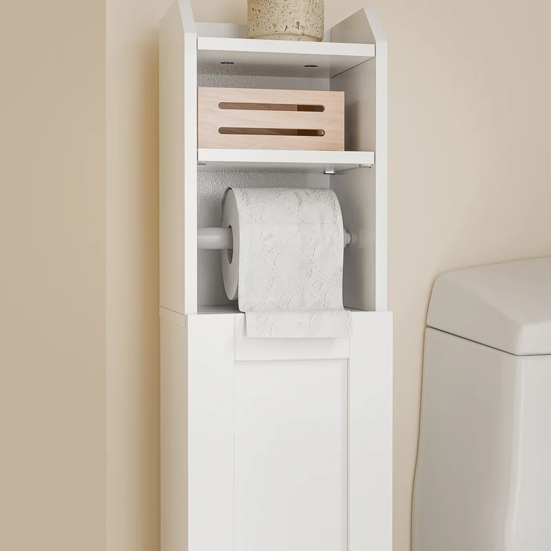 SoBuy FRG177-II-W Meuble Salle de Bain 20 cm de Largeur sur Pied avec Support Papier et Porte - Petit Meuble WC Rangement Gain de Place Blanc