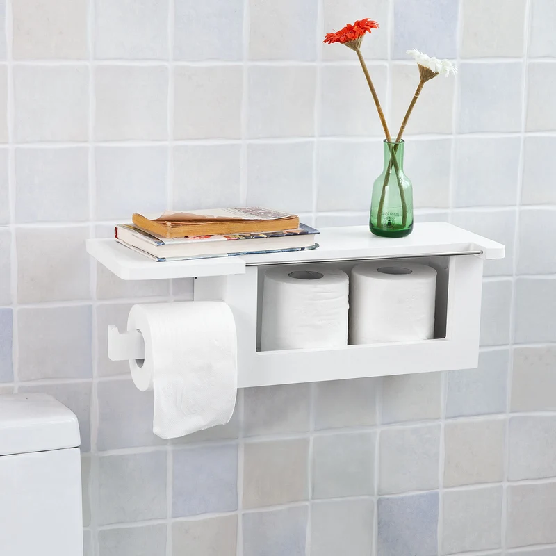 SoBuy FRG175-W Dérouleur Papier Toilette Distributeur WC Porte Papier Mural avec Support pour Déposer Smartphone et Porte-revues