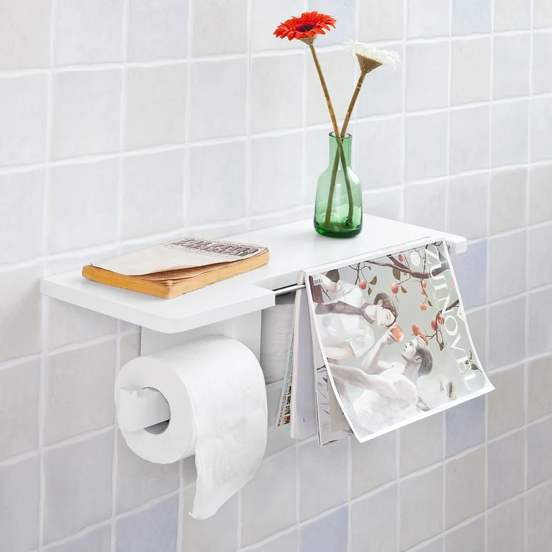 SoBuy FRG175-W Dérouleur Papier Toilette Distributeur WC Porte Papier Mural avec Support pour Déposer Smartphone et Porte-revues
