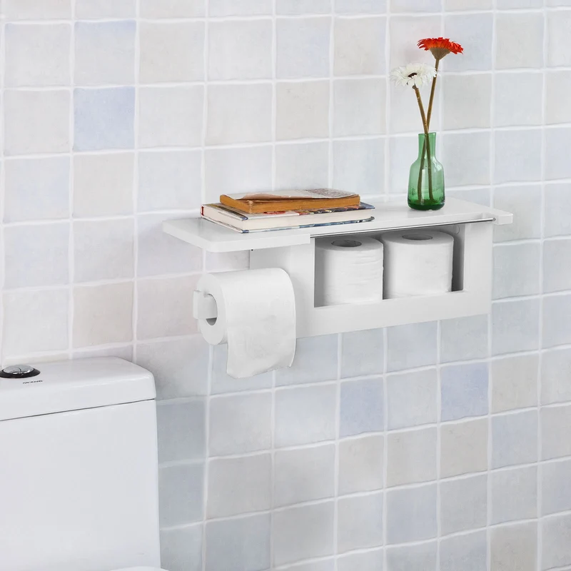 SoBuy FRG175-W Dérouleur Papier Toilette Distributeur WC Porte Papier Mural avec Support pour Déposer Smartphone et Porte-revues
