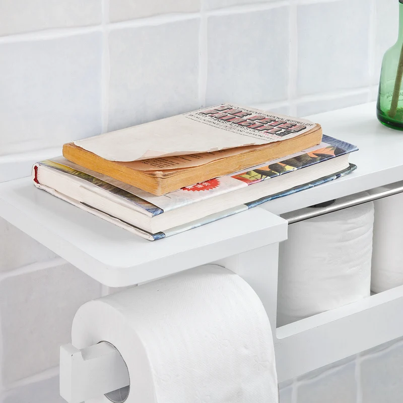 SoBuy FRG175-W Dérouleur Papier Toilette Distributeur WC Porte Papier Mural avec Support pour Déposer Smartphone et Porte-revues