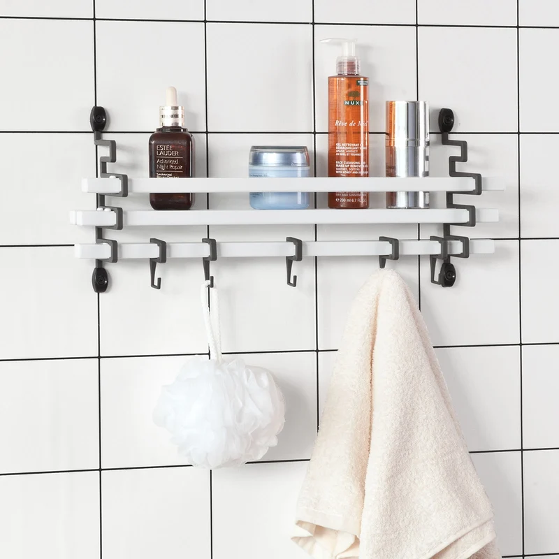 SoBuy FRG173-W Etagère Design murale avec 5 crochets mobiles, Cuisine Salle de Bain