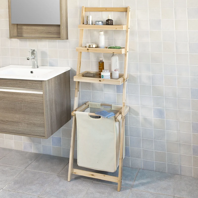 SoBuy FRG160-N Étagère murale style échelle avec 1 Panier à linge amovible