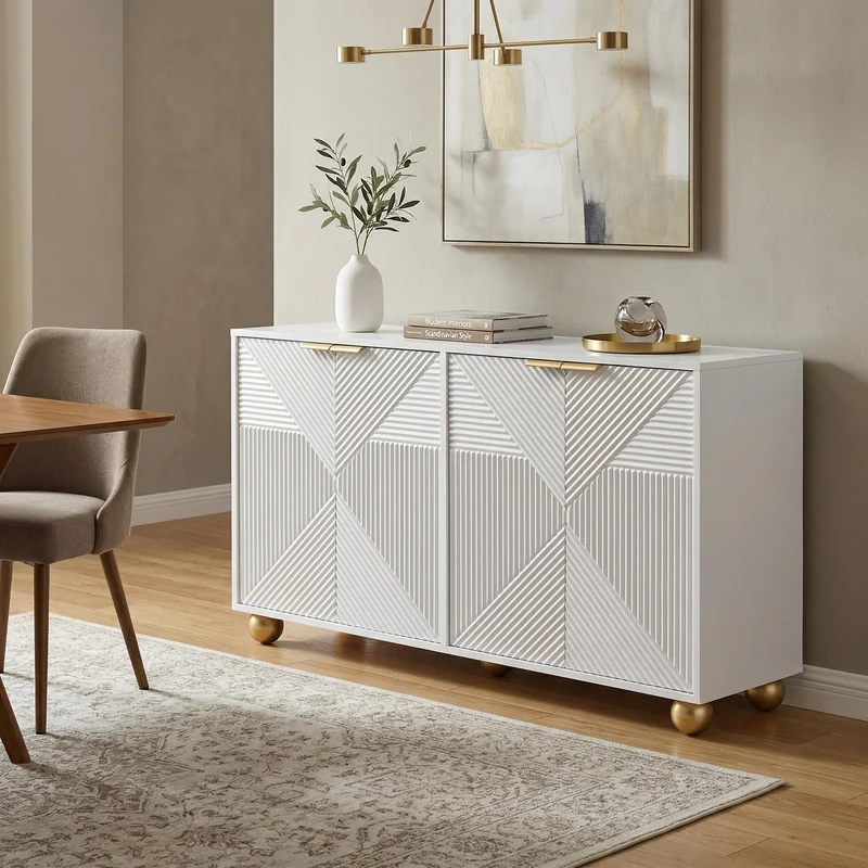 Buffet blanc 4 portes sculptées, poignées dorées pieds boule 120x35x71,5cm RIFTKRYNNATHOR