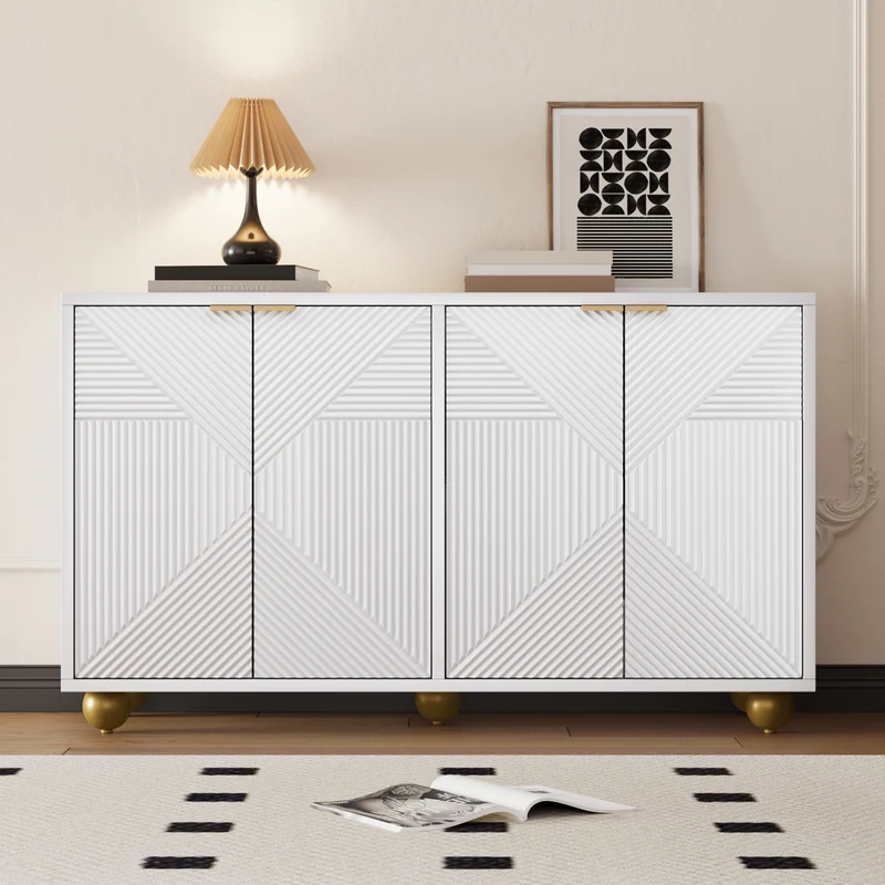 Buffet blanc 4 portes sculptées, poignées dorées pieds boule 120x35x71,5cm RIFTKRYNNATHOR