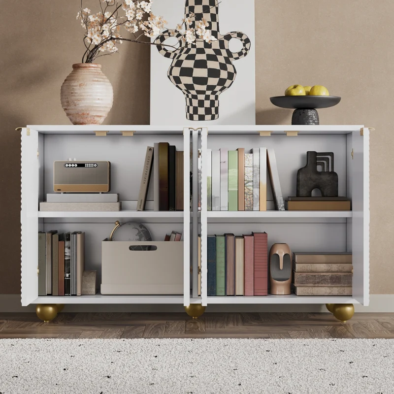 Buffet blanc 4 portes sculptées, poignées dorées pieds boule 120x35x71,5cm RIFTKRYNNATHOR