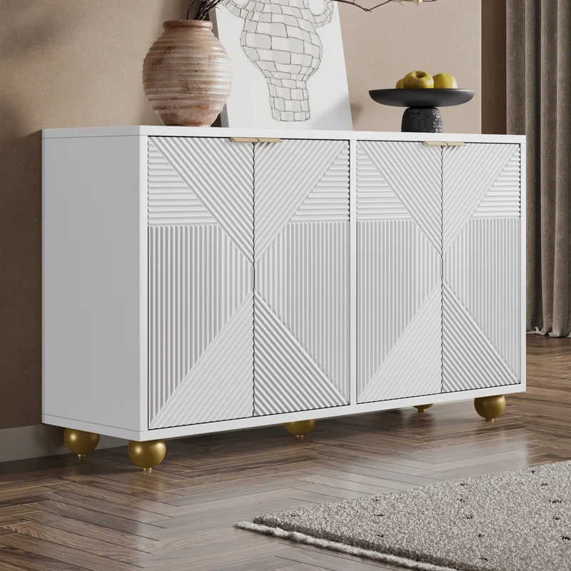 Buffet blanc 4 portes sculptées, poignées dorées pieds boule 120x35x71,5cm RIFTKRYNNATHOR