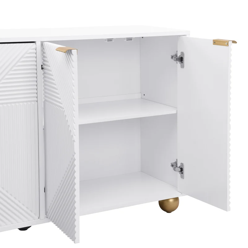 Buffet blanc 4 portes sculptées, poignées dorées pieds boule 120x35x71,5cm RIFTKRYNNATHOR