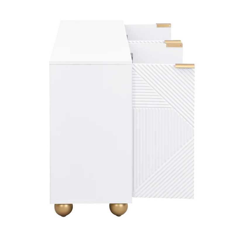 Buffet blanc 4 portes sculptées, poignées dorées pieds boule 120x35x71,5cm RIFTKRYNNATHOR
