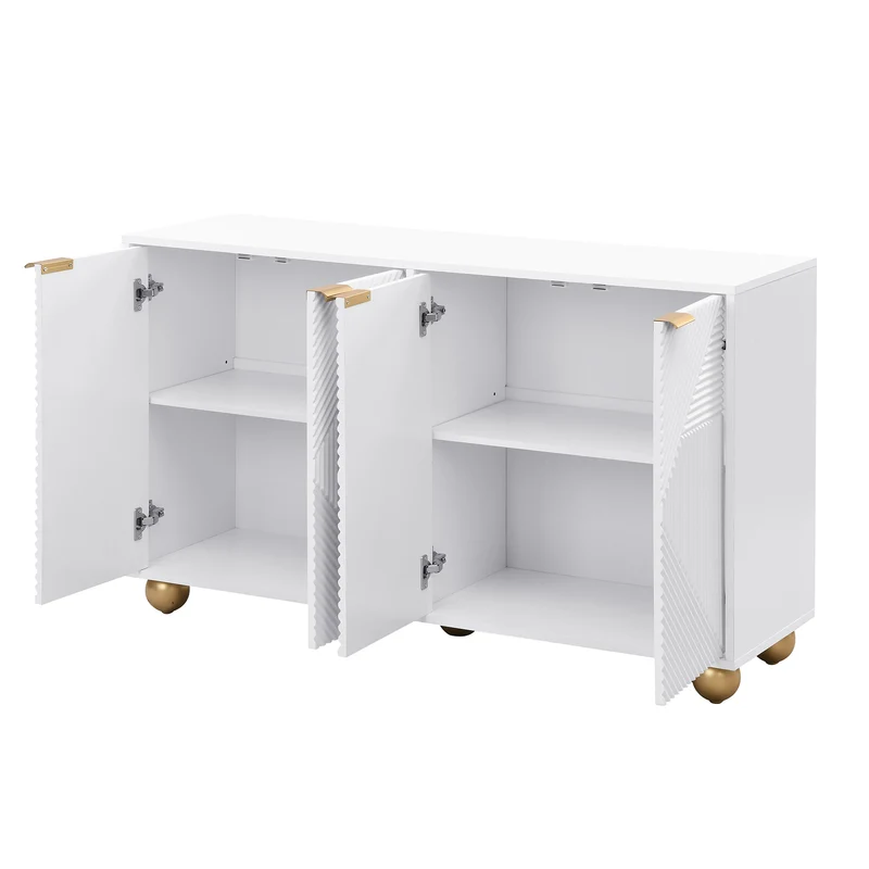 Buffet blanc 4 portes sculptées, poignées dorées pieds boule 120x35x71,5cm RIFTKRYNNATHOR