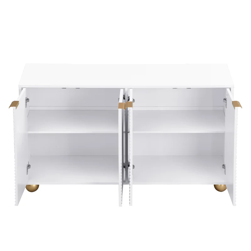 Buffet blanc 4 portes sculptées, poignées dorées pieds boule 120x35x71,5cm RIFTKRYNNATHOR