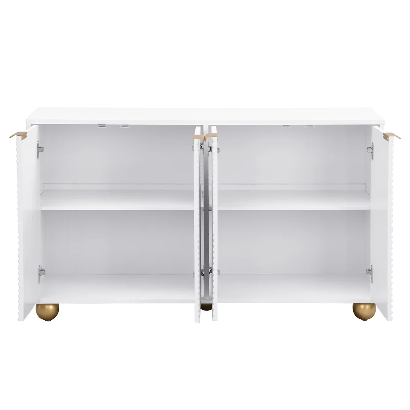 Buffet blanc 4 portes sculptées, poignées dorées pieds boule 120x35x71,5cm RIFTKRYNNATHOR